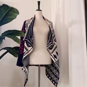 𝅺Double Zero Southwestern Knit Red Navy Blue Open Front Slouchy Chunky Cardigan